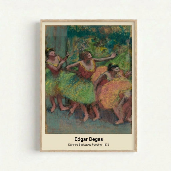 Delicate figure study featuring dancers in a theatrical setting rendered in muted earth tones and gray, displayed as a framed poster.