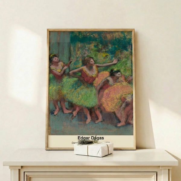 Vintage-style poster of backstage performers in soft watercolor hues of ochre, gray, and black, capturing theatrical atmosphere.