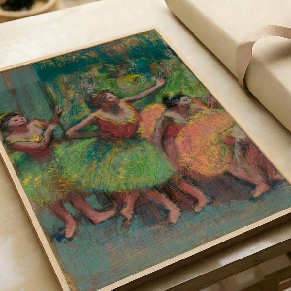 Intimate artistic rendering of stage dancers in muted earth tones, presented as a classic-style framed wall poster.