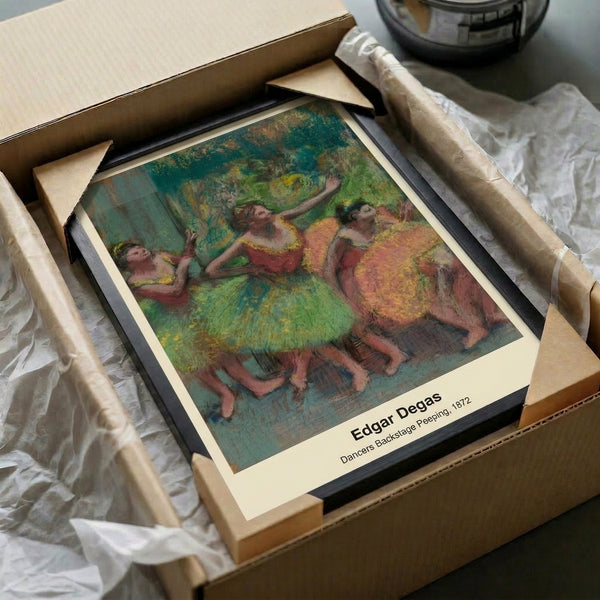 Watercolor-style portrait of backstage figures in soft ochre and brown, mounted as elegant vintage art print.