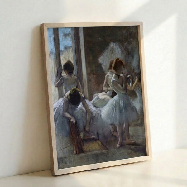Framed fine art print depicting fluid ballet figures in soothing light blue palette, capturing the serene mood of dance.