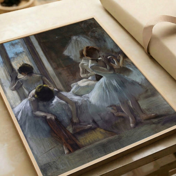 Impressionistic poster art of dancers in pale blue pastels, evoking tranquility and movement in vintage aesthetic.