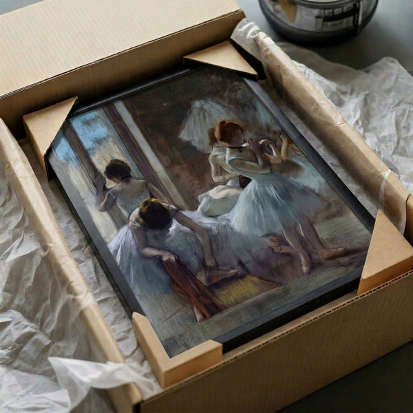 Soft, dreamy artwork showcasing ballet dancers in gentle light blue hues, presented as an elegant framed art print.