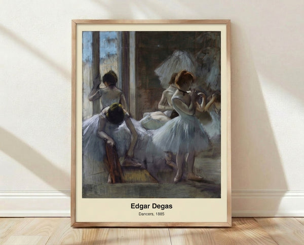 Soft pastel impressionist painting of a ballerina in muted blues and warm ochre tones, evoking a contemplative moment on stage; framed poster art print on wall.