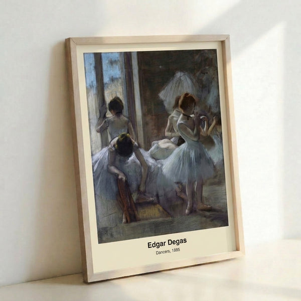 Vintage-inspired ballerina artwork featuring soft pastel colors, warm ochres, and muted blues with an introspective, atmospheric quality; framed wall art.
