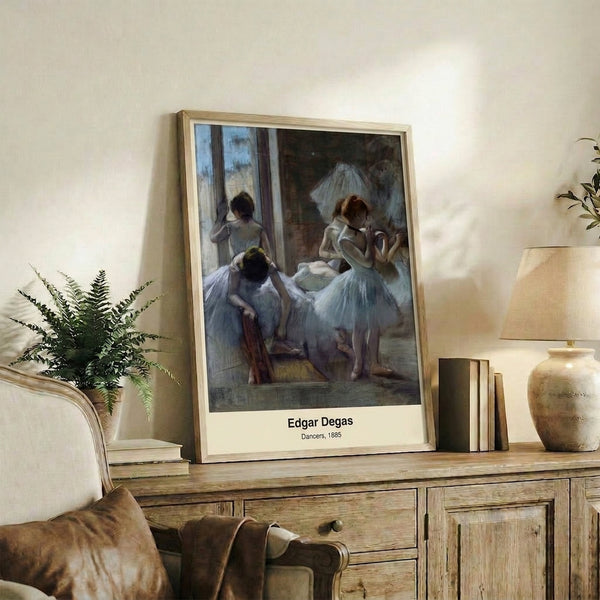 Dreamy pastel dancer composition in muted blues and warm tones with an intimate, atmospheric stage lighting mood; framed modern art poster.