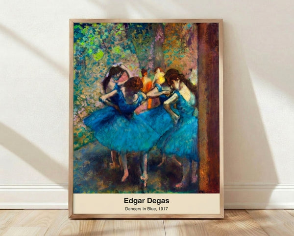 Impressionist pastel painting of graceful ballerinas in blue and cream tones, capturing dynamic movement and intimate theatrical moments in soft, delicate brushstrokes.