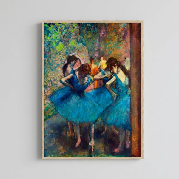 Soft pastel artwork depicting dancers in flowing blue costumes with ochre and lavender accents, evoking the ephemeral grace of classical ballet in impressionist style.