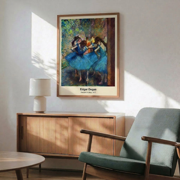 Classical ballerina wall art in soft blues, creams, and pale lavender with impressionist brushwork, capturing the dynamic elegance of theatrical dance.