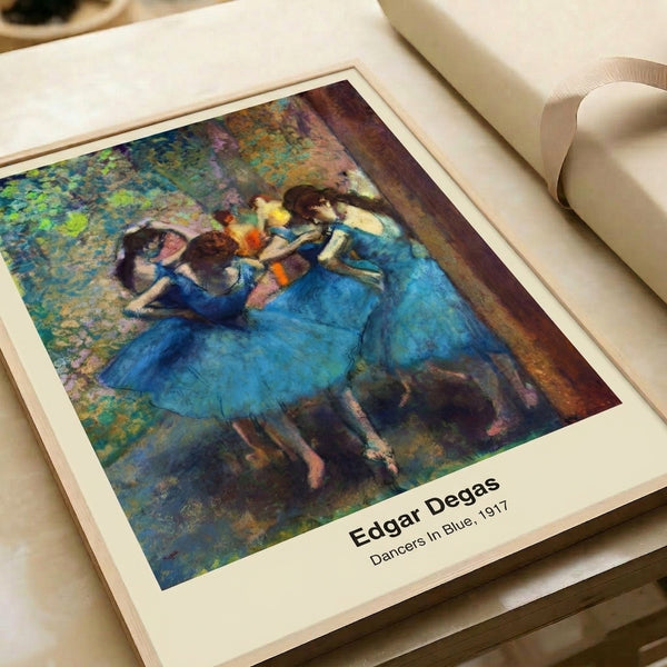 Impressionist-style painting of graceful ballerinas dressed in blue with soft cream and pastel tones, evoking movement and the tender beauty of classical dance.