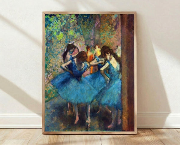 Pastel painting of graceful ballet dancers in shades of blue and soft tones, evoking the elegant impressionist style of classical ballet art.