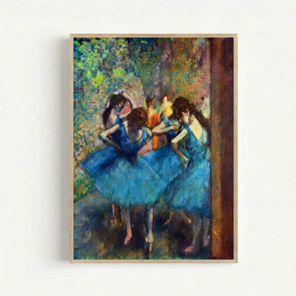 Framed impressionist artwork depicting ballerinas in flowing blue costumes, capturing a serene moment of dance with delicate pastel hues.