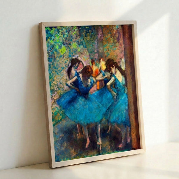 Vintage-style ballet poster featuring dancers dressed in blue, rendered in soft impressionist brushwork with a contemplative, tranquil mood.