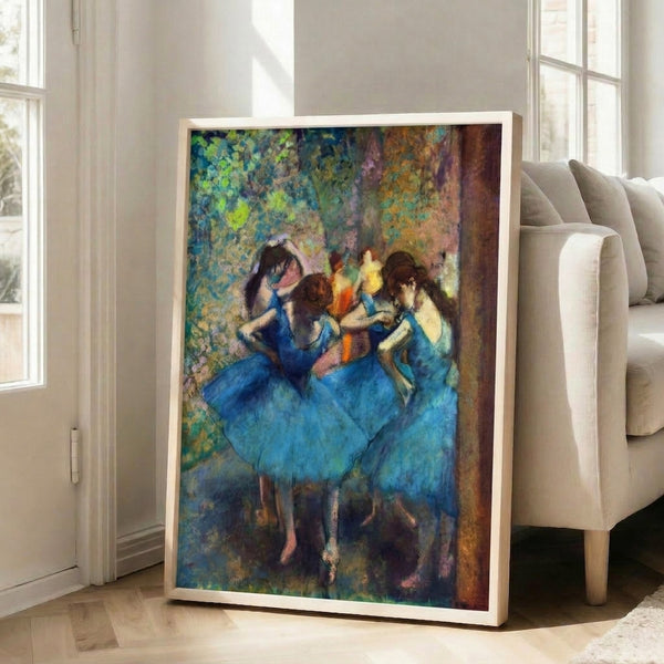 Classical ballet scene with multiple dancers in blue garments, painted in muted pastel tones with an ethereal, graceful aesthetic.