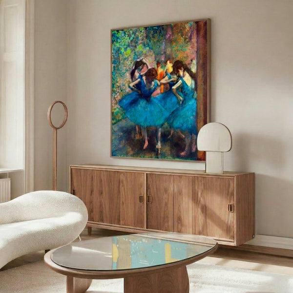 Soft pastel artwork showing ballet dancers in blue performing together, executed in the delicate impressionist technique of classical dance portraiture.