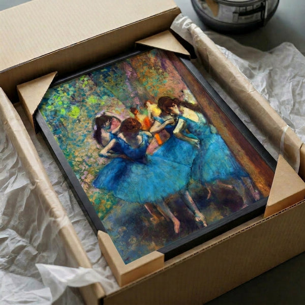 Framed ballet masterpiece featuring dancers draped in blue, rendered with impressionist pastel colors and an atmospherically refined, peaceful composition.