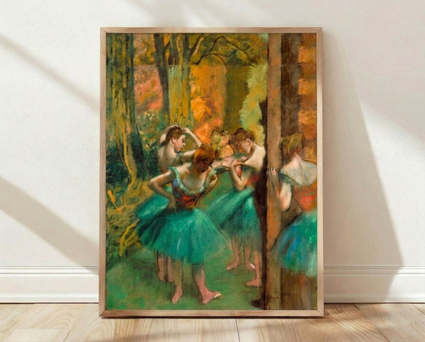 Framed Impressionist ballet poster featuring dancers in soft pink and green tones, evoking the delicate elegance of classical dance.