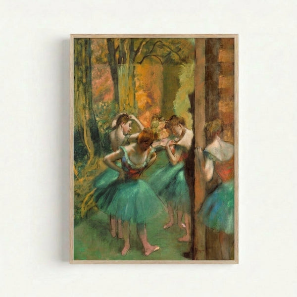 Vintage-style art print of graceful ballet dancers rendered in harmonious pink and green hues, displayed as wall decor.
