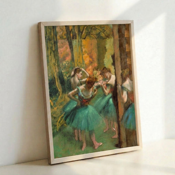 Soft impressionistic poster showcasing dancers in flowing poses, dominated by gentle pink and verdant green colorways.