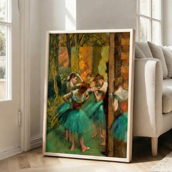 Framed classical ballet artwork featuring multiple dancers captured in movement, rendered in soothing pink and green palettes.