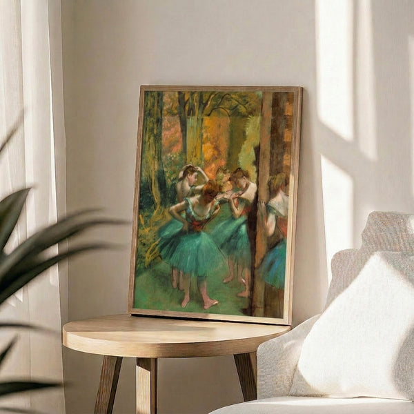Delicate dance-themed art print with romantic pink and green color scheme, portraying the poise of professional ballet performers.