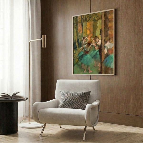 Impressionist-inspired poster of ballet dancers in motion, featuring a sophisticated blend of soft pink and natural green tones.