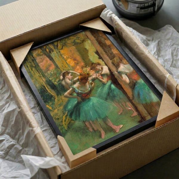 Vintage ballet scene framed as wall art, with dancers depicted in graceful positions using a striking pink and green color composition.