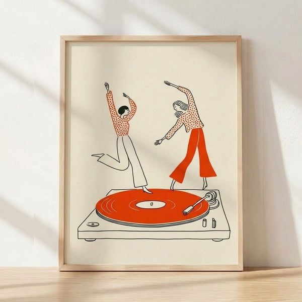 Retro line art poster featuring two women dancing joyfully around a vinyl record player, rendered in cream, orange-red, and black tones with a playful mid-century aesthetic.