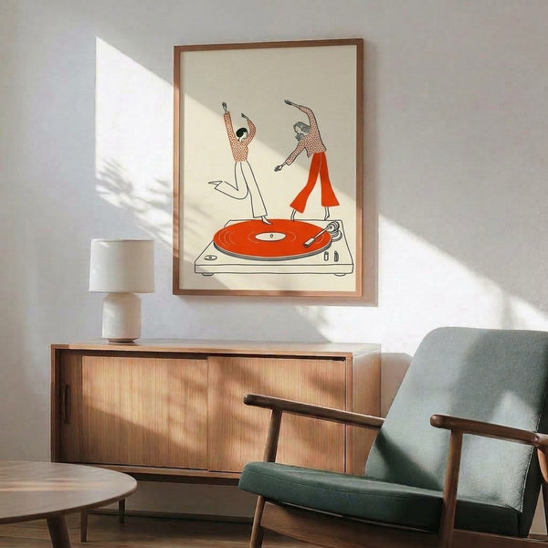 Vintage-inspired wall art depicting dynamic dancers and a spinning vinyl record in minimalist line art style, evoking retro leisure and music culture in cream and warm red-orange hues.
