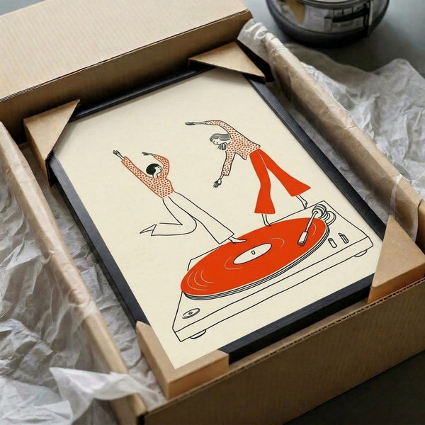 Playful retro poster art of women dancing with a record player, executed in clean line art with a nostalgic mid-century palette of cream, black, and vibrant orange-red.