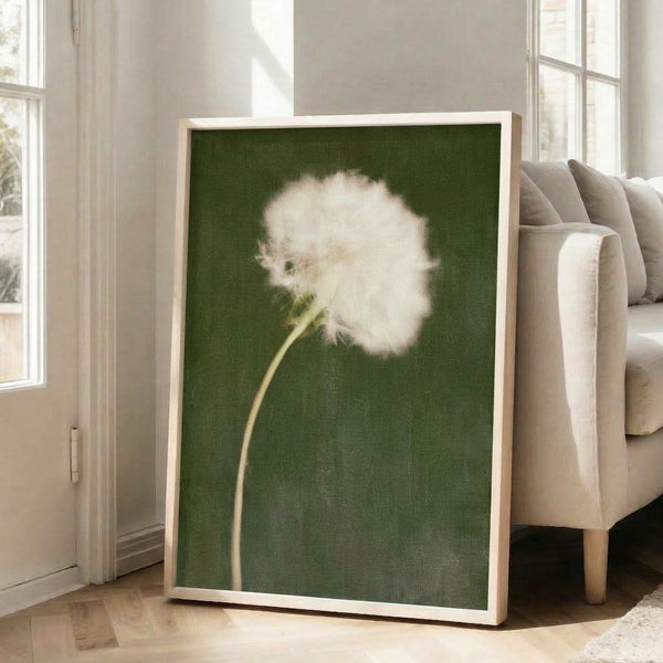 Calm botanical wall art featuring a delicate dandelion in soft sage green and white, painted in a modern minimalist watercolor style.