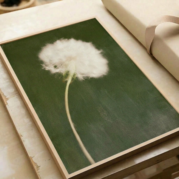 Zen botanical wall art print showcasing a minimalist watercolor dandelion in soft green and white tones, evoking tranquility and calm.