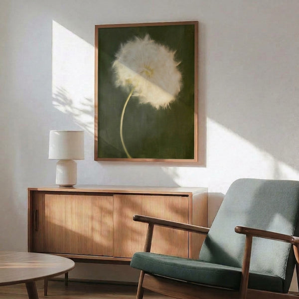 Serene watercolor artwork featuring a single dandelion in muted sage and cream hues, minimalist nature poster with tranquil wabi-sabi aesthetic.