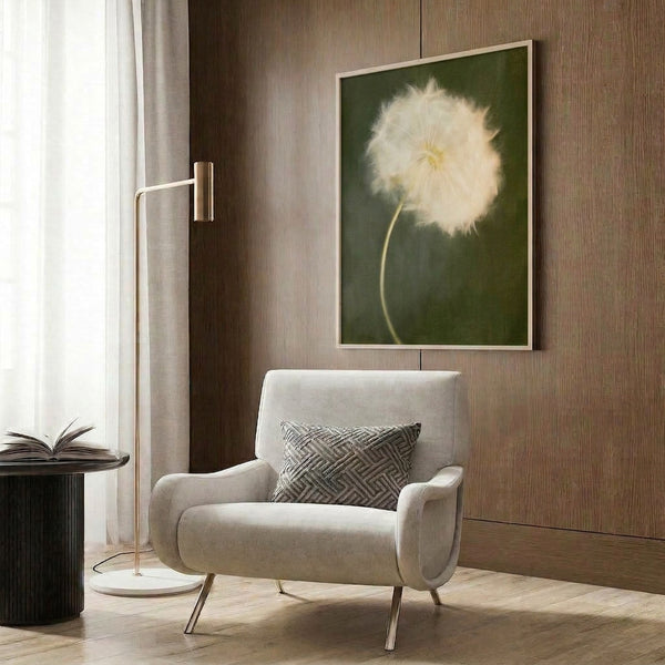 Soft-toned watercolor dandelion seedhead rendered in contemplative style with sage green, pale yellow, and cream, a gentle botanical wall art piece.