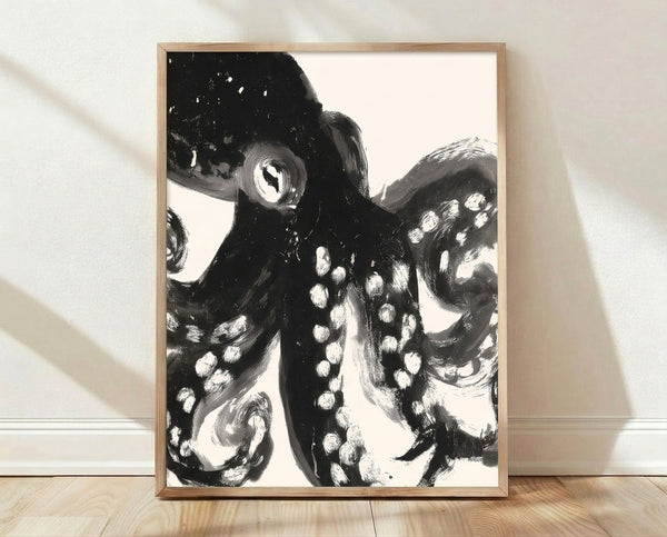 Abstract line art octopus with flowing tentacles in black ink on white background, framed poster with dark eerie mood.