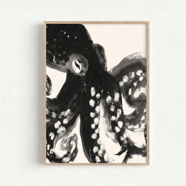 Gothic-inspired octopus study rendered in bold black lines and gray tones, mysterious creature art print on wall.