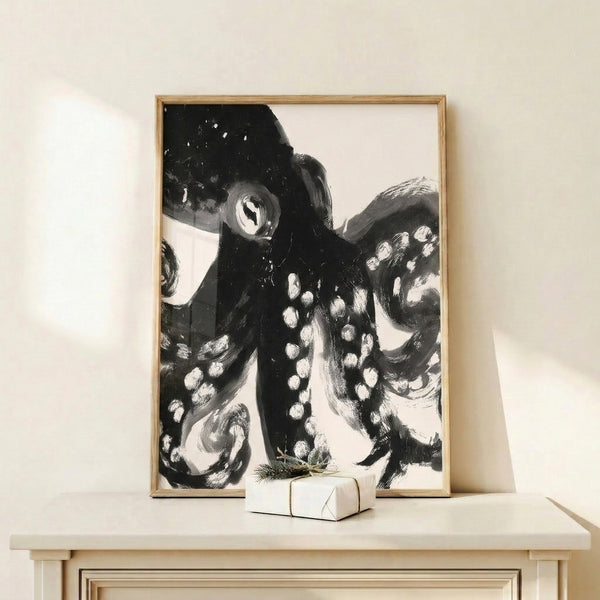 Monochromatic octopus poster featuring sweeping tentacles in gothic line work, ethereal yet eerie wall art.