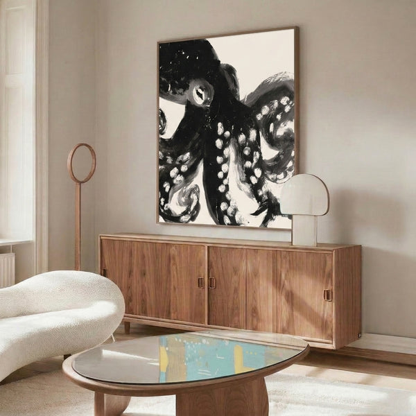 Dark octopus creature rendered in stark black lines and gray shading, moody gothic-inspired abstract poster art.
