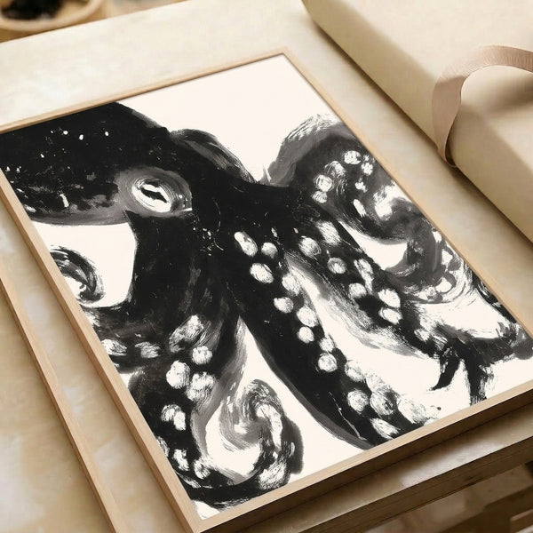 Detailed octopus line drawing with flowing tentacles in black ink, intense and mysterious framed wall print.