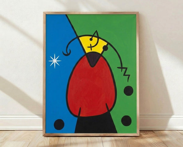 Abstract framed poster in bold primary colors featuring organic shapes and gestural lines in the style of Joan Miró's modernist composition.