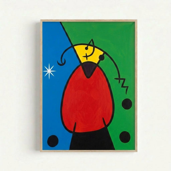 Minimalist art print with playful biomorphic forms in red, blue, and yellow on a light background, characteristic of early 20th-century abstract art.