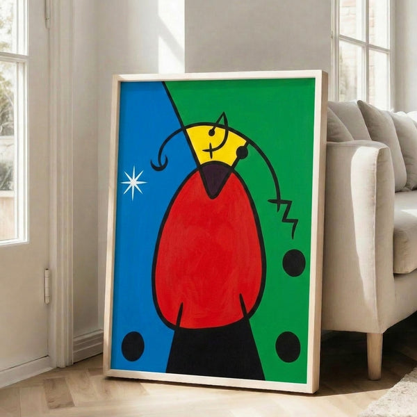 Modernist framed artwork with whimsical geometric and organic forms in a contemporary gallery aesthetic, rendered in warm and cool tones.