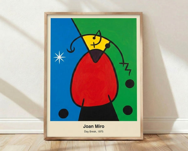 Abstract surrealist poster by Joan Miro featuring a vibrant red sun and dreamlike geometric shapes in blue, yellow, and black on white, evoking a whimsical daybreak.