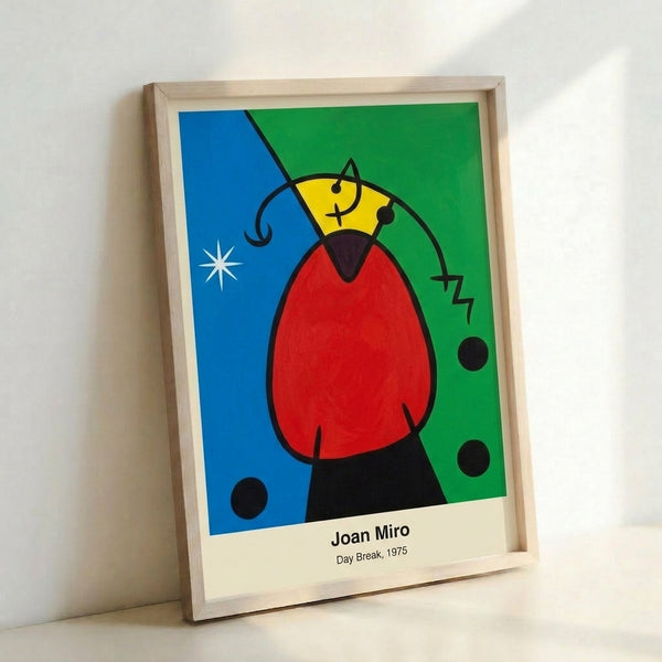 Whimsical abstract poster showcasing Miro's characteristic surreal shapes and a glowing red sun amid blue and yellow elements, creating a dreamlike awakening scene.