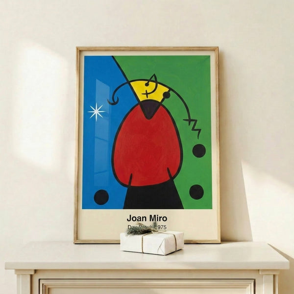 Modern abstract wall art featuring Miro's Day Break with organic geometric forms and a striking red sun against a white background, evoking ethereal morning light.
