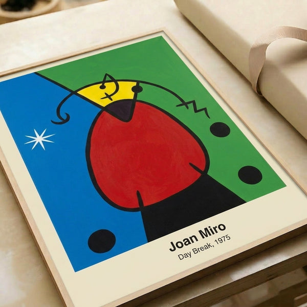 Contemplative abstract art print with Miro's Day Break imagery—floating forms, a radiant red sun, and cool blue accents creating a dreamlike awakening mood.