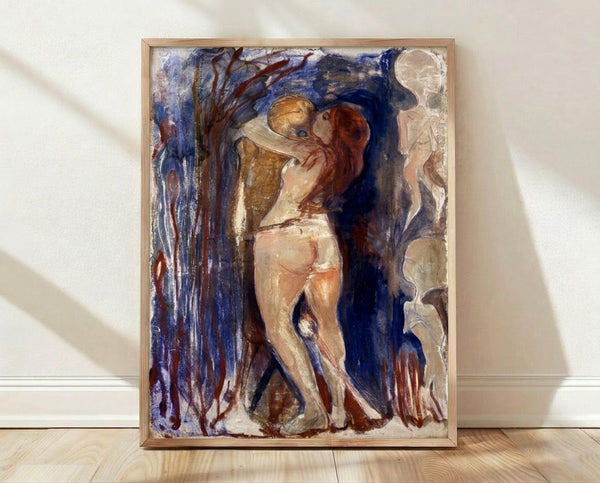 Symbolist poster artwork depicting contrasting figures of death and life in muted earth tones and pale hues, evoking a melancholic and contemplative mood.