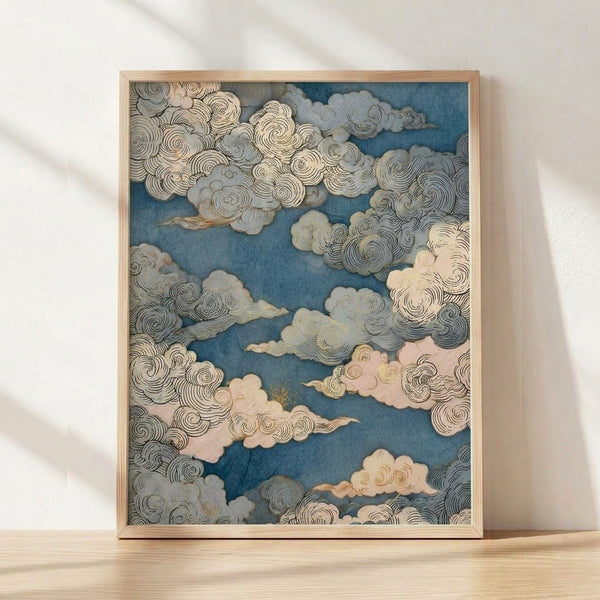 Serene Japanese woodblock-style poster featuring layered clouds in deep teal, cream, and gold against a contemplative sky with delicate line work and pale pink accents.