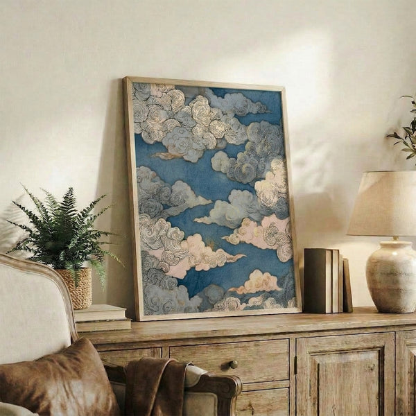 Ethereal framed art print inspired by traditional Japanese aesthetics, depicting soft clouds in muted tones of grey, teal, and cream with gold highlights in a calming composition.