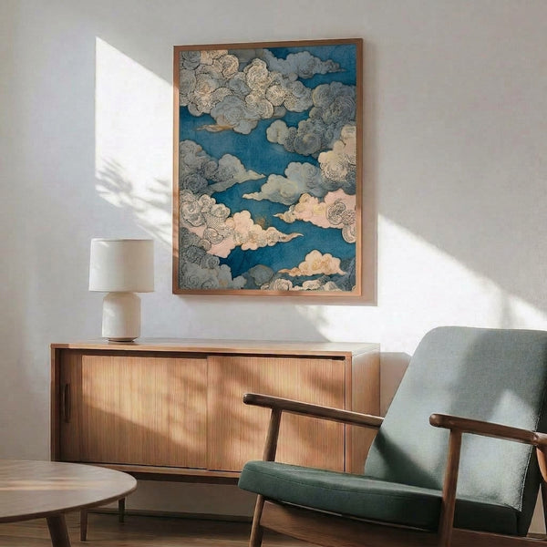 Contemplative Japanese cloud artwork with Showa-era sensibility, rendered in subtle line art with a palette of deep teal, pale pink, cream, and gold creating a serene atmospheric scene.
